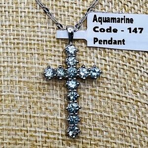 Genuine Natural Aquamarine Cross Pendant Necklace with 18”chain